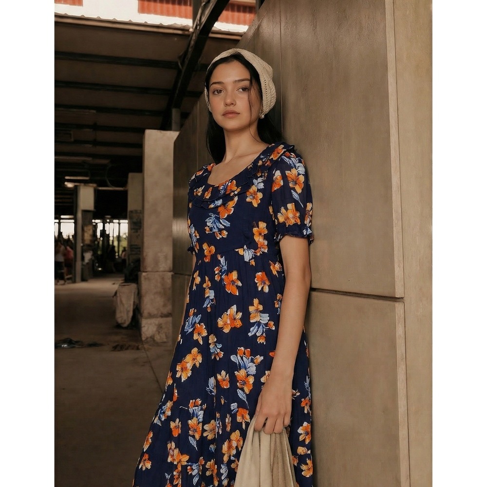 eShakti Floral Ruffle Neck Midi Dress Size 2 Navy Blue Orange Cotton Cottagecore